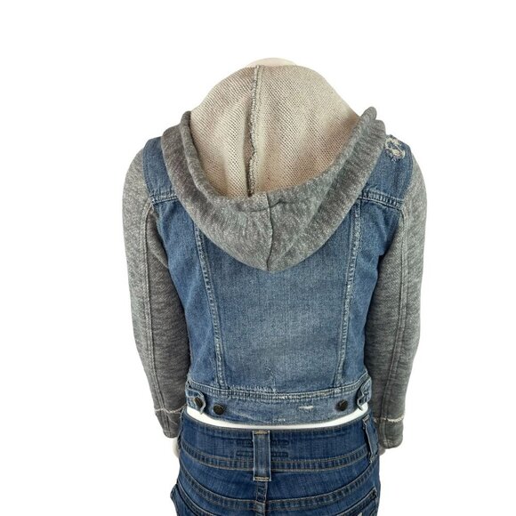 Free People Knit Hooded Denim Jacket XS Long Sleeve Removable Hood Button Up - Picture 2 of 9